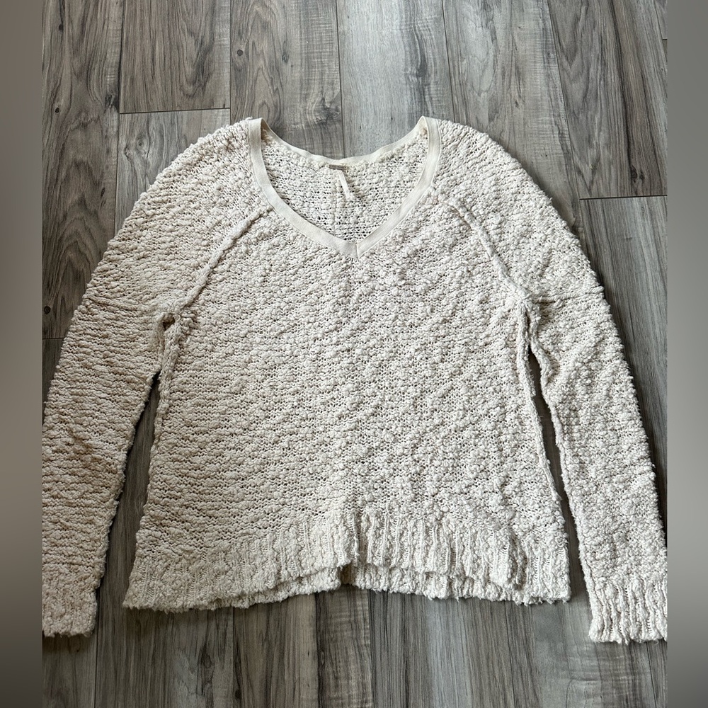 Free People Oversized Chunky Texture Knit V-Neck Sweater Cotton in Cream Size XS